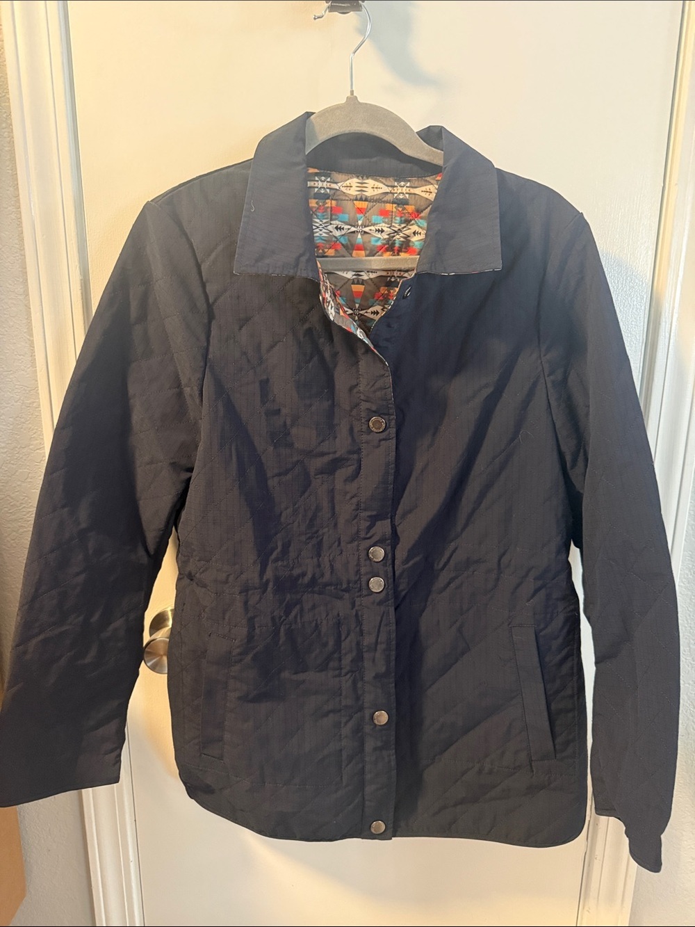 Pendleton Navy Quilted Button-Front Utility Jacket with Patterned Lining